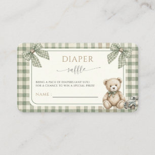 Teddy Bear Green Gingham Baby Shower Diaper Raffle Enclosure Card