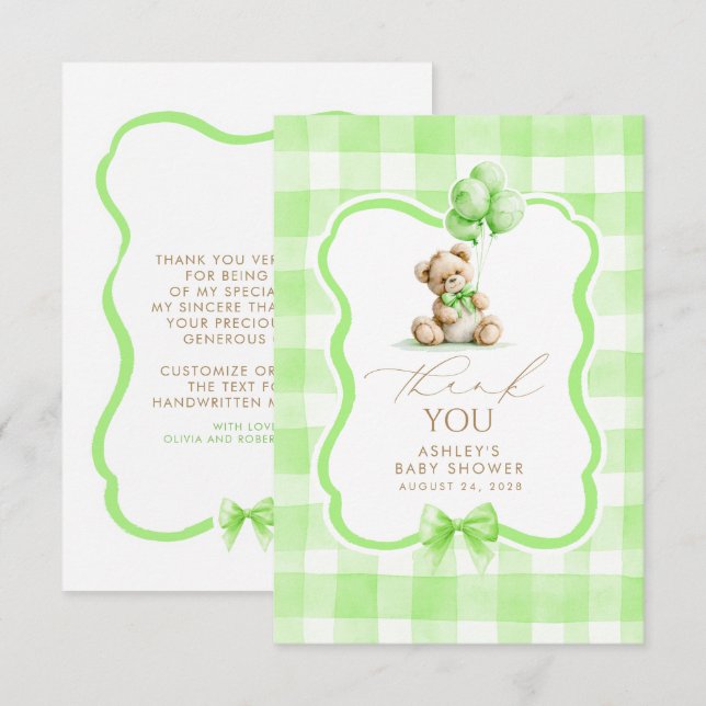 Teddy Bear Green Gingham Cute Thank You Card (Front/Back)