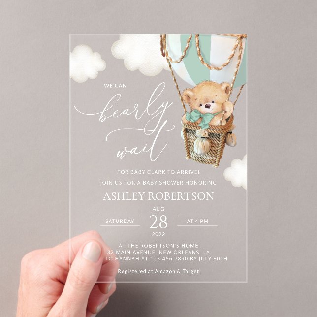 Teddy Bear, Green Hot Air Balloon, Baby Shower Acrylic Invitations (Insitu (Handheld))