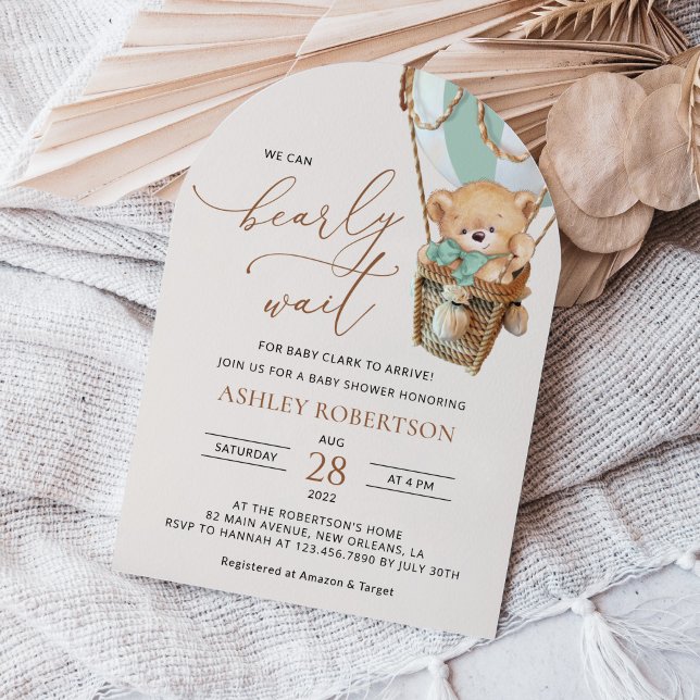 Teddy Bear, Green Hot Air Balloon, Baby Shower Invitation (Creator Uploaded)