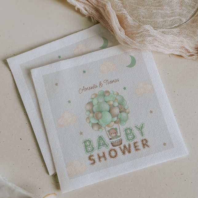 Teddy Bear Green Hot Air Balloon Baby Shower Napkin (Creator Uploaded)