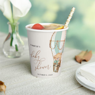 Teddy Bear, Green Hot Air Balloon, Baby Shower Paper Cups