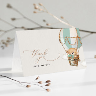 Teddy Bear, Green Hot Air Balloon, Baby Shower Thank You Card