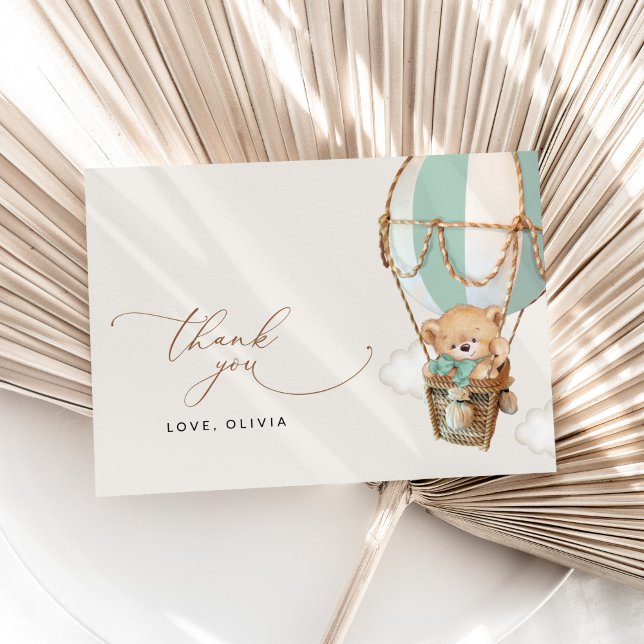 Teddy Bear, Green Hot Air Balloon, Baby Shower Thank You Card (Creator Uploaded)