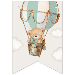 Teddy Bear, Green Hot Air Balloon, First Birthday Bunting