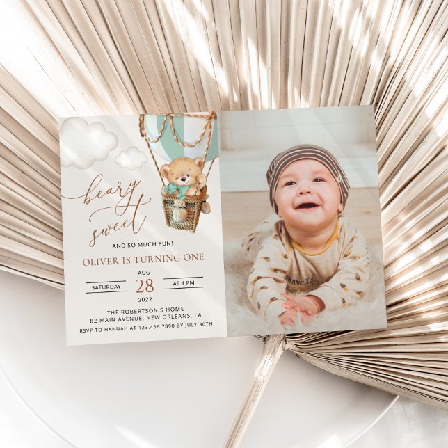 Teddy Bear, Green Hot Air Balloon, First Birthday Invitation (Creator Uploaded)