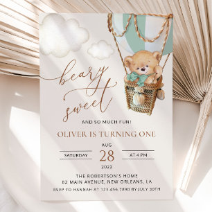 Teddy Bear, Green Hot Air Balloon, First Birthday Invitation