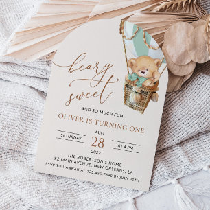 Teddy Bear, Green Hot Air Balloon, First Birthday Invitation