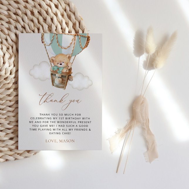 Teddy Bear, Green Hot Air Balloon, First Birthday Thank You Card (Creator Uploaded)