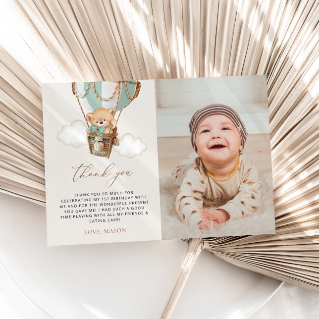Teddy Bear, Green Hot Air Balloon, First Birthday Thank You Card (Creator Uploaded)