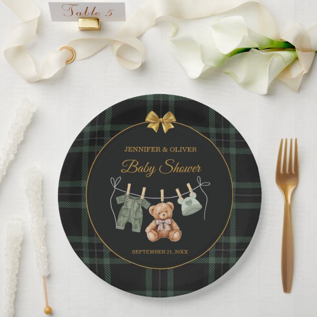 Teddy Bear Green Plaid Baby Shower Paper Plate (Wedding)
