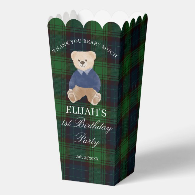 Teddy bear green plaid birthday party favor custom favour box (Front)