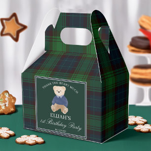 Teddy bear green plaid birthday party favour custo box