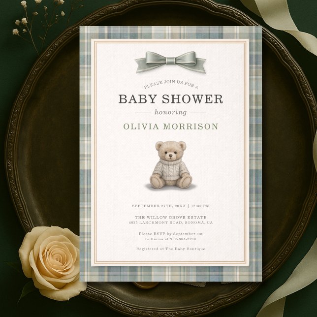 Teddy Bear Green Plaid Bow Baby Shower Invitation (Creator Uploaded)