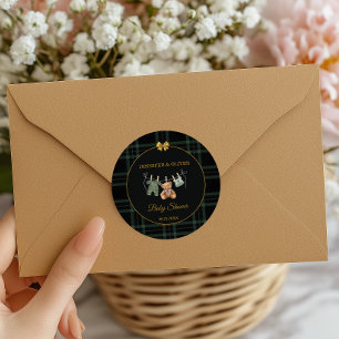 Teddy Bear Green Plaid Thank You Favour Classic Round Sticker