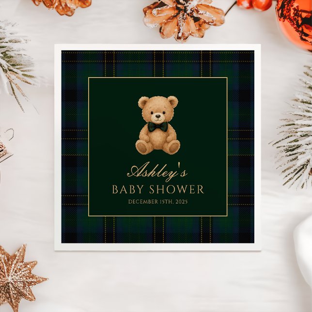 Teddy Bear Green Tartan Baby Shower Paper Napkin (Creator Uploaded)