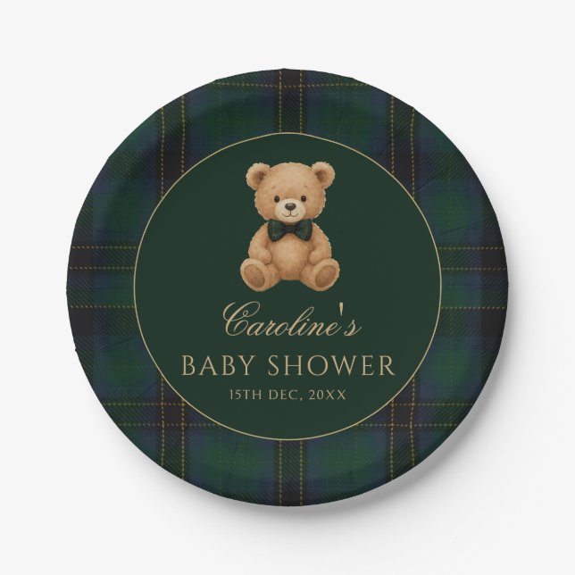 Teddy Bear Green Tartan Baby Shower Paper Plates (Front)
