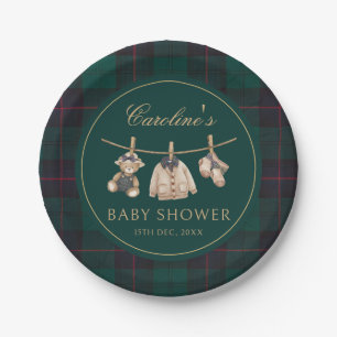 Teddy Bear Green Tartan Baby Shower Paper Plates