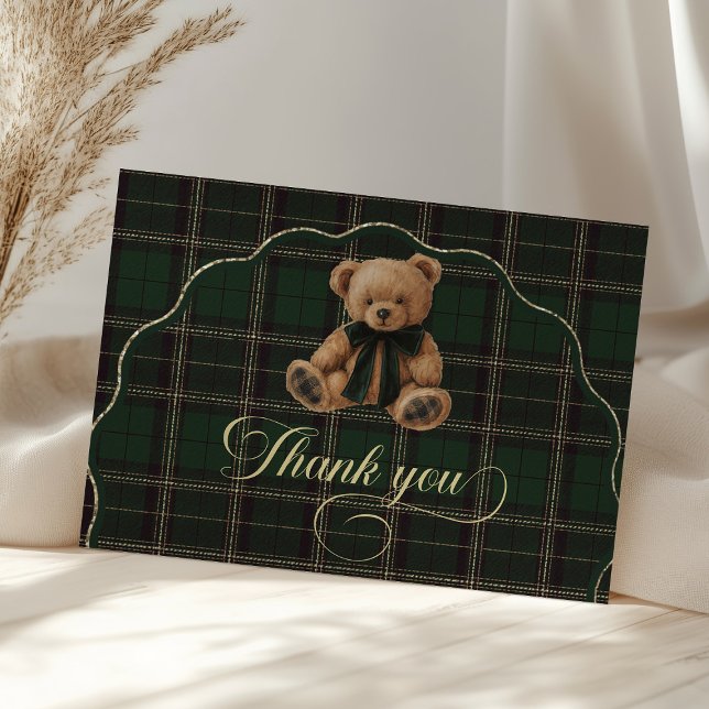 Teddy Bear Green Tartan Baby Shower  Thank You Card (teddy bear baby shower, green tartan baby shower, baby shower thank you card, baby shower printable,)