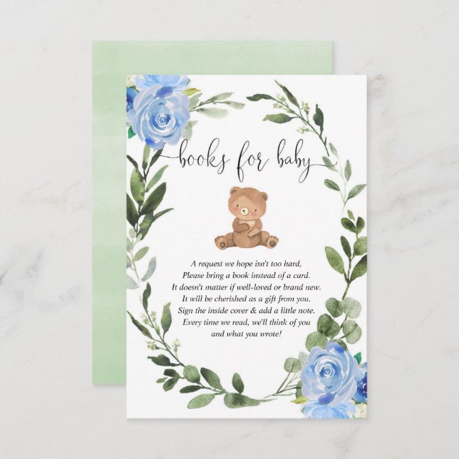Teddy bear greenery blue floral books for baby boy enclosure card (Front/Back)