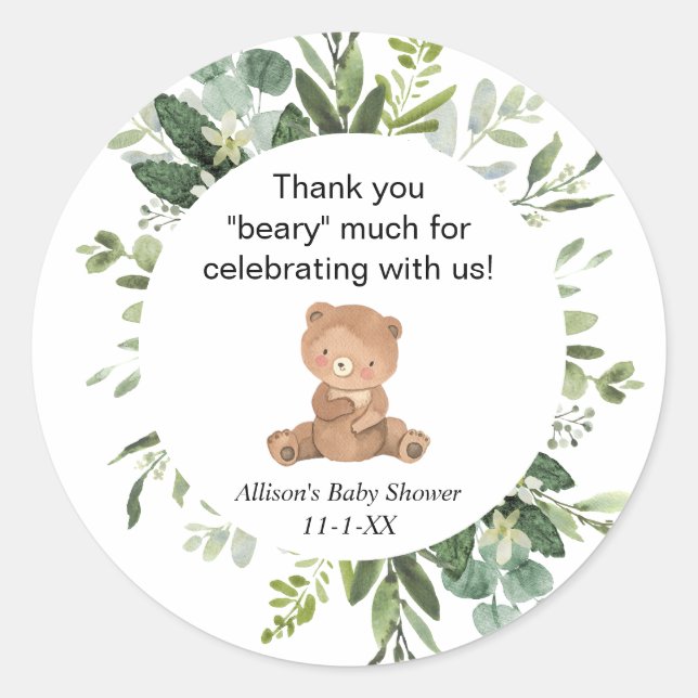 Teddy bear greenery cute baby shower thank you classic round sticker (Front)