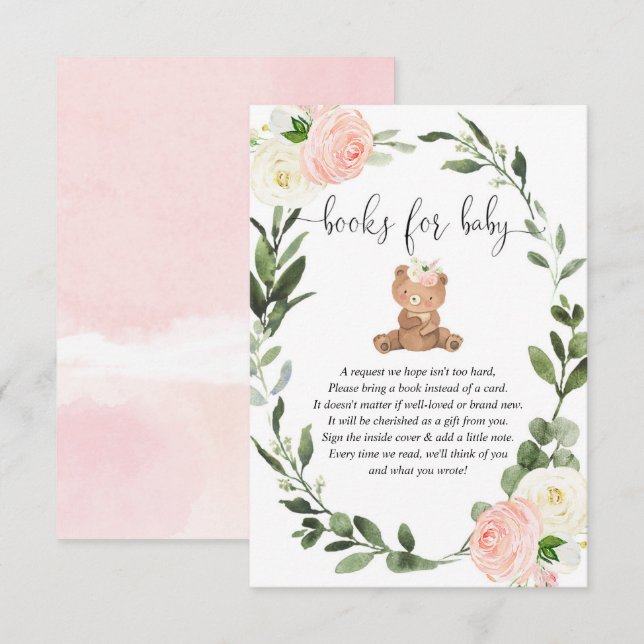 Teddy bear greenery pink floral books baby girl en enclosure card (Front/Back)