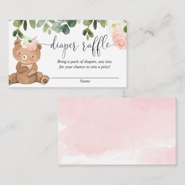 Teddy bear greenery pink floral girl diaper raffle enclosure card (Front/Back)