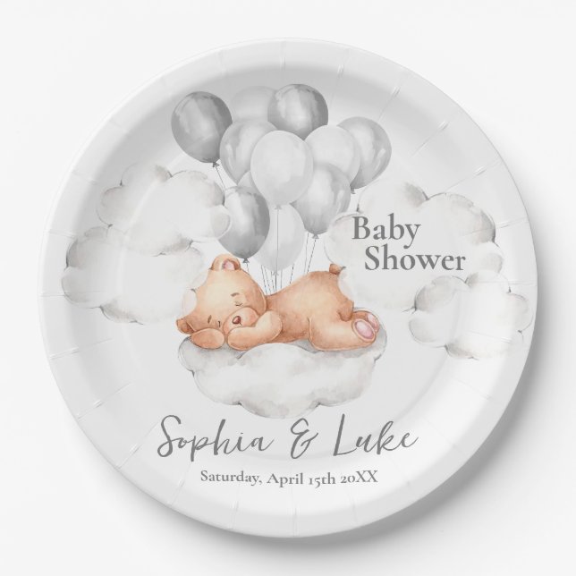 Teddy Bear Grey Balloons Boy Baby Shower Paper Plate (Front)