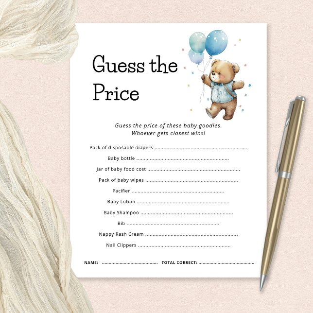 Teddy Bear Guess The Price Baby Shower Game Card (Creator Uploaded)