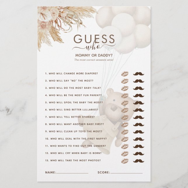 Teddy Bear Guess Who Baby Shower Game (Front)