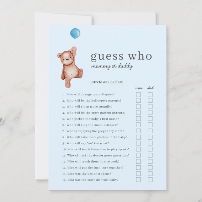 Teddy Bear Guess Who Baby Shower Game Invitation (Front)