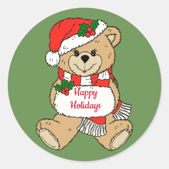 Teddy Bear Happy Holidays Classic Round Sticker (Front)