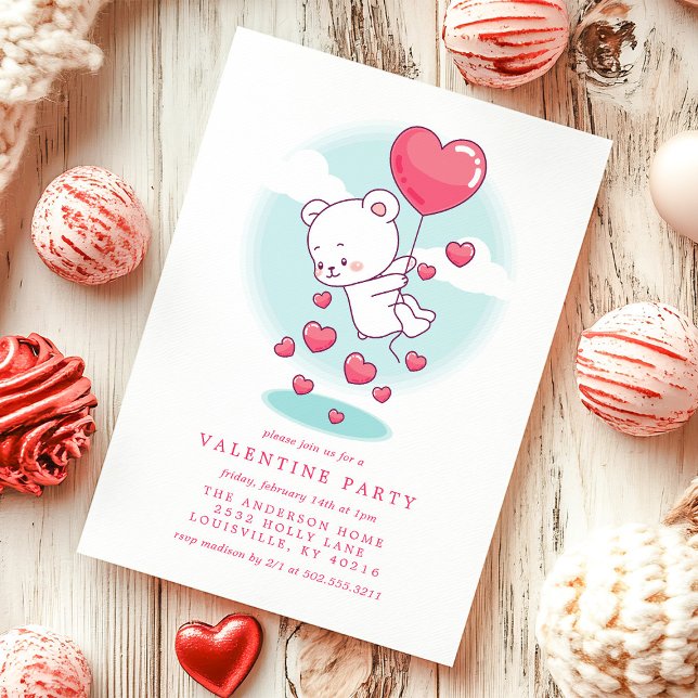 Teddy Bear Heart Balloons Valentine Party Invitation (Creator Uploaded)