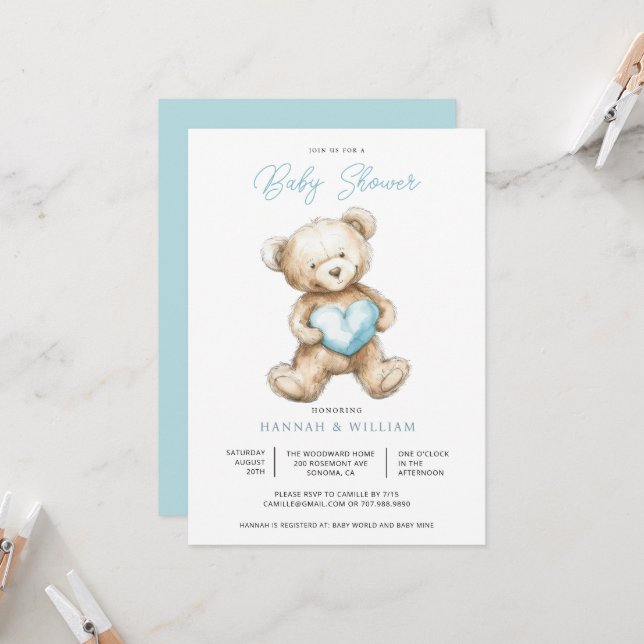 Teddy Bear Heart Boy Blue Baby Shower  Invitation (Front/Back In Situ)
