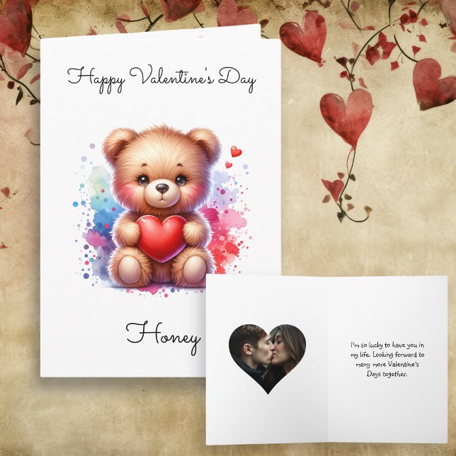 Teddy Bear & Heart Personalised Photo Valentine's  Card (Creator Uploaded)