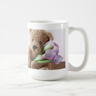 teddy bear holding calla lilies mug