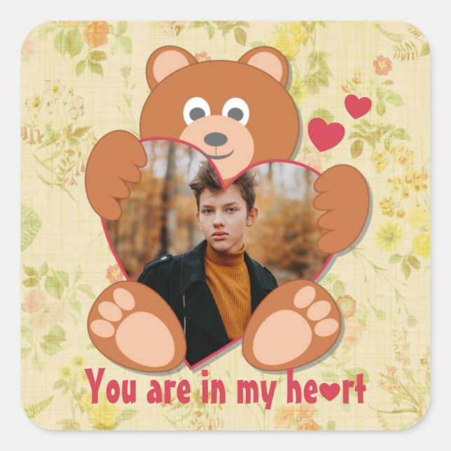 Teddy Bear Holding Heart Photo Valentine's Day Square Sticker (Front)
