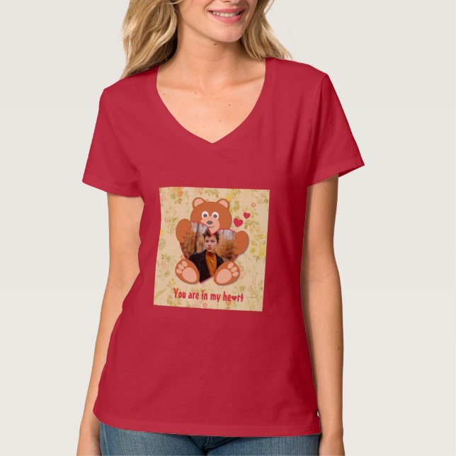 Teddy Bear Holding Heart Photo Valentine's Day T-Shirt (Front)