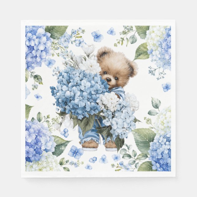 Teddy Bear Holds Hydrangea Flowers Napkin (Front)
