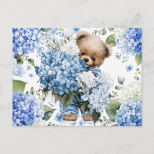 Teddy Bear Holds Hydrangea Flowers Postcard