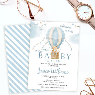 Teddy bear hot air balloon baby boy shower invitation