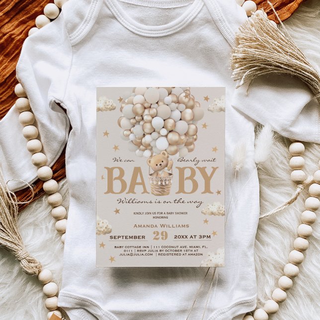 Teddy Bear Hot Air Balloon Baby Shower Gold Tan  Invitation (Creator Uploaded)