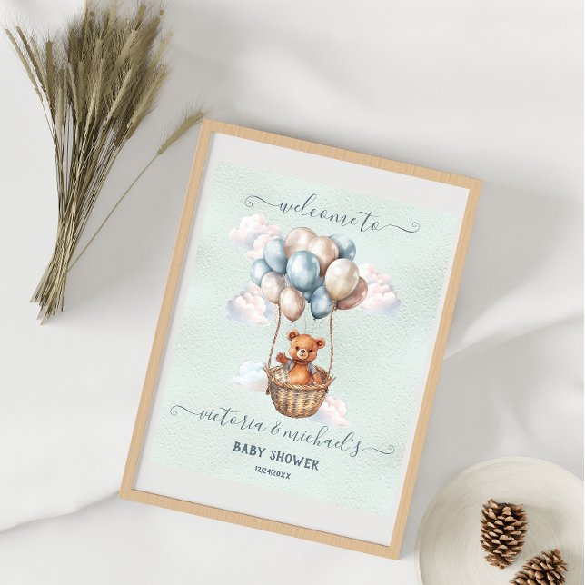 Teddy Bear Hot Air Balloon Baby Shower Welcome Poster (Select your size)