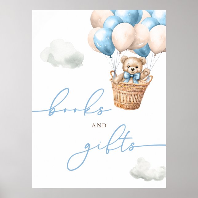 Teddy Bear Hot Air Balloon Blue Books And Gifts Poster (Front)