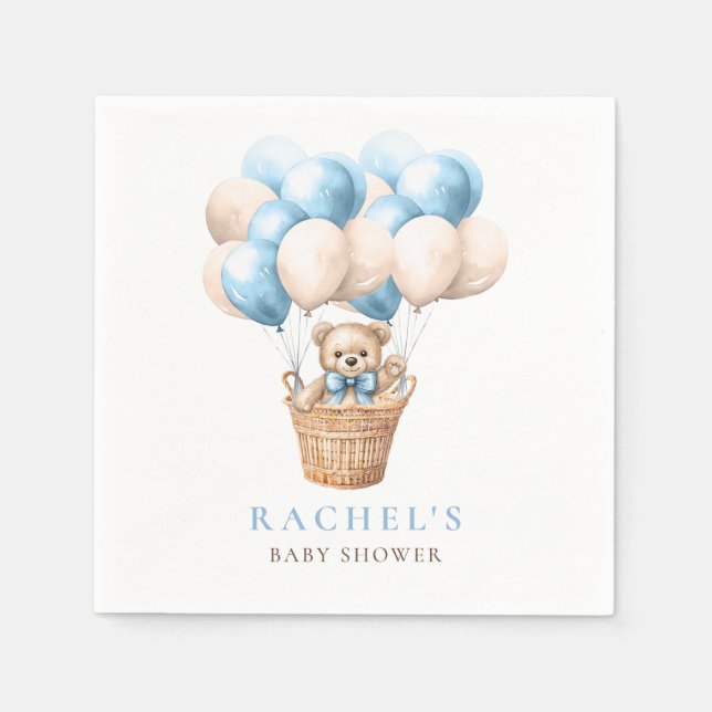 Teddy Bear Hot Air Balloon Blue Boy Baby Shower Napkin (Front)