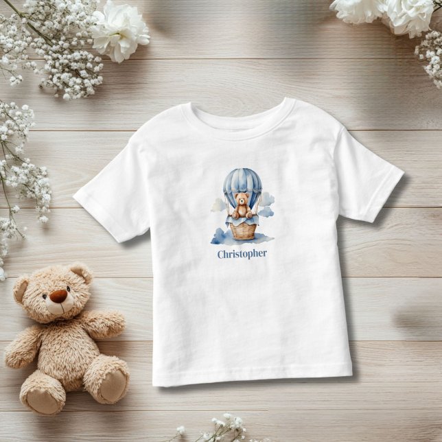Teddy Bear Hot Air Balloon Blue Boy Personalised Toddler T-Shirt (Teddy Bear Hot Air Balloon, blue baby toddler boy personalized T-shirt. New baby gift Baby shower)