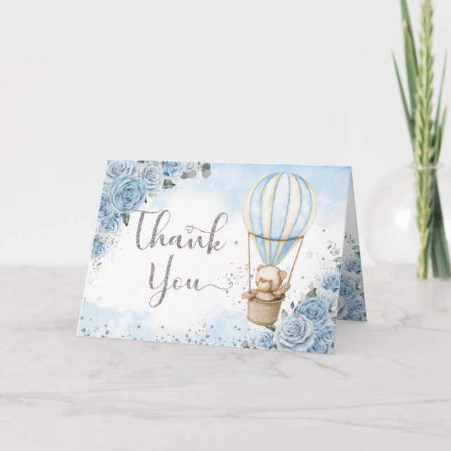 Teddy Bear Hot Air Balloon Blue Floral Baby Shower Thank You Card (Front)