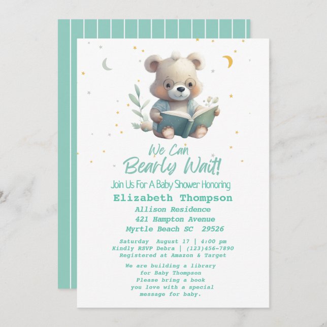 Teddy Bear Hot Air Balloon Bring a Book Baby   Invitation (Front/Back)