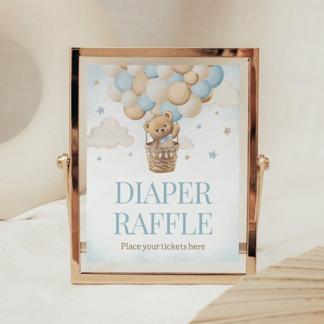 Teddy Bear Hot Air Balloon Diaper Raffle Poster (Boho Blue Bear Baby Shower Diaper Raffle Sign)