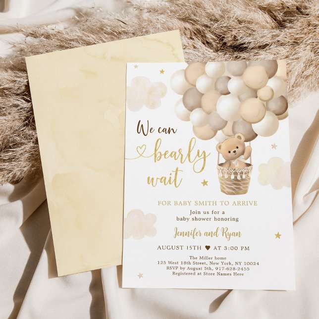 Teddy Bear Hot Air Balloon Gold Baby Shower Invitation (Creator Uploaded)